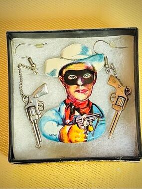 Vintage Western 1950s Tin Japan Brooch and 6 Shooter Earrings Lone Ranger